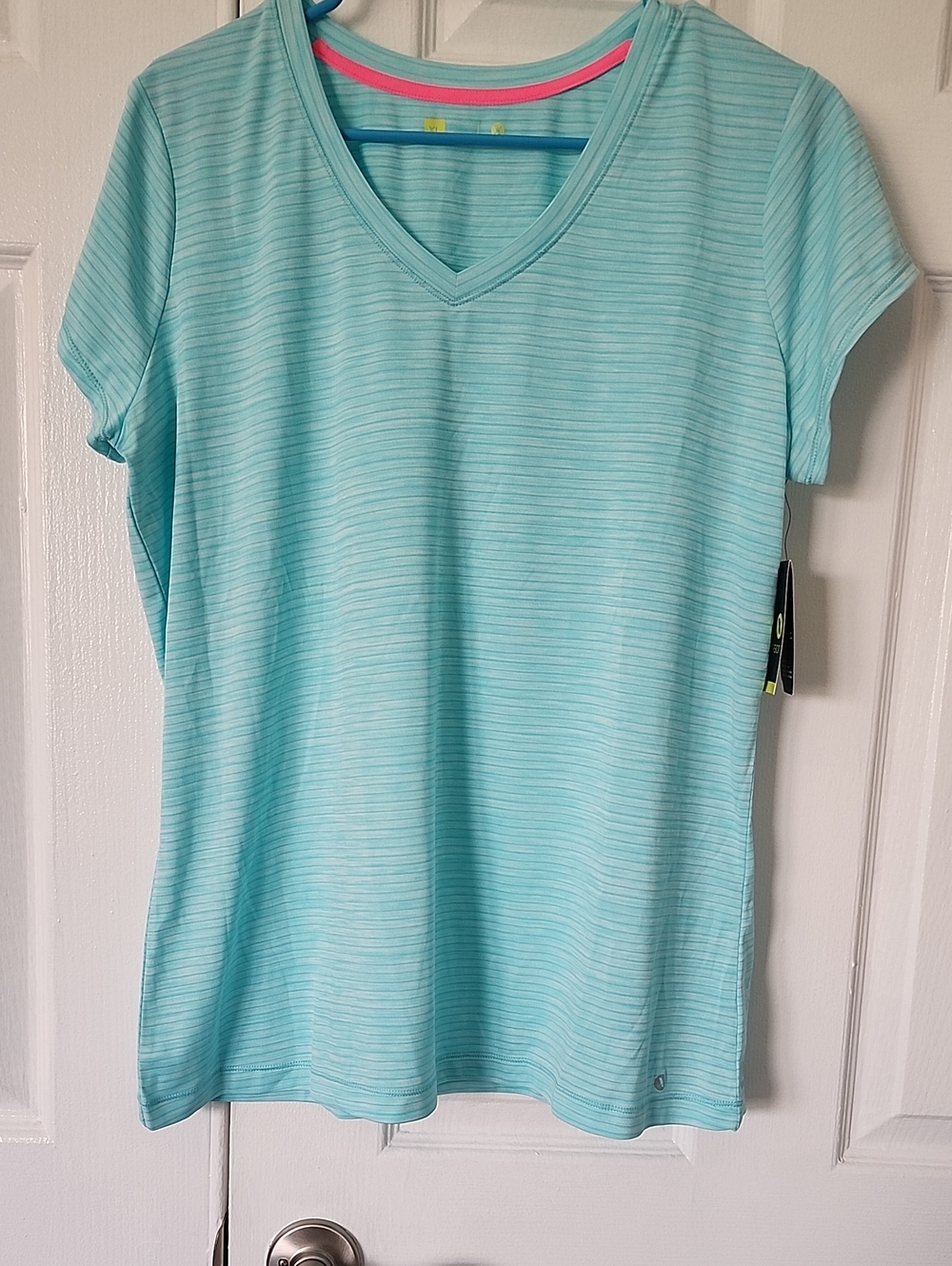 NWT Xersion Aqua Striped V-Neck Short Sleeve Tee XL